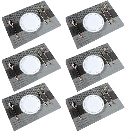 Elegant and Stain Resistant Crossweave Woven Vinyl Placemats, Set of 6 (Black)