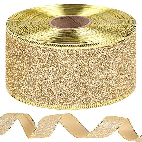 1 Rolle Golden Geschenkband Weihnachten, 25 Yard/22M Glitter Weihnachtsbänder Schleifenband Satinband Dekorative Bastelband für DIY Geschenkverpackungen, Weihnachtsbastel Weihnachtsbaum Dekor