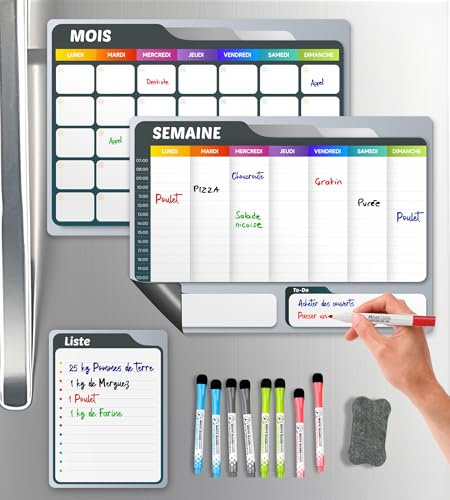 SKYCROO ® Calendrier Magnetique Frigo Blanc x3 + Accessoires - Planificateur Hebdomadaire + Mensuel + Mémo Aimanté Tableau Magnétique Planning Semaine Organisateur Familial Planner Semainier Tableaux
