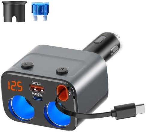Retractable Car Charger, 180W 2-Socket Cigarette Lighter Splitter QC 3.0 and PD36W and Retractable PD 30W Lightning Cable with Separate Switch LED Voltmeter Replaceable 15A Fuse for GPS/Dash Cam/Phone