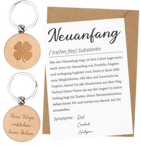 MorLuks Neuanfang Geschenk, Karte Neuanfang mit Kleeblatt Schlüsselanhänger Holz, Karte Abschied, Geschenke für Kollegen Jobwechsel Ruhestand Neuer Job Umzug Mutmacher