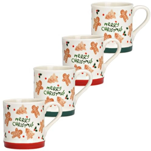 Weihnachtstassen 4er Set aus Porzellan MERRY CHRISTMAS Spruch - 350 ml Kaffeetassen mit Lebkuchen Motiven in Rot und Grün Ø 8 x 13 cm - Tassen ideal für Kaffee, Tee oder Glühwein Spülmaschinengeeignet