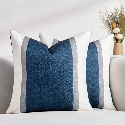 DecorMommt Kissenbezüge 45x45 Streifen Dekokissen Kissen Blau Sofakissen Kissenhülle Patchwork Boho Bauernhaus Dekorativ Kissenbezüge für Sofa Wohnzimmer Schlafzimmer Kissen