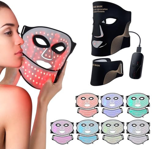 LIARTY Kabel LED-Lichttherapie-Maske, 7 Farben LED-Gesichtsmaske,Photonen-Hautverjüngung Gesichter mit Fernbedienung, Weiches Silikon, schwarz