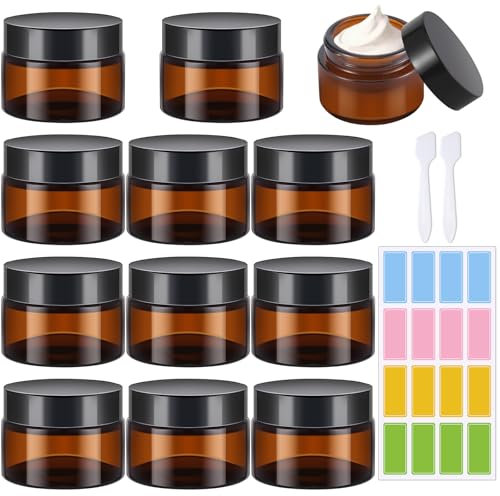 ANLIOTO 12 Stück Salbentiegel Braunglas Glastiegel 20ml mit Deckel Cremetiegel Creme Behälter Cremetiegel Braunglas Cremedosen Zum Befüllen für Lotion, Creme, Kosmetik