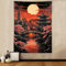 Sanzugh japanischer Anime-Wandteppich, Cool, japanisch, Wandteppiche mit Schwarz-Rotem-Sonnenmotiv sowie natürlichem Wald und pinken Kirschblüten, Wandbehang für Männer und Jungen, Schlafzimmer