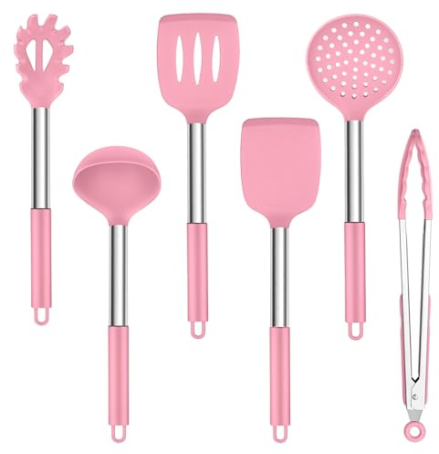 TEAMFAR Küchenhelfer Set, 6 Stück Silikon Küchenutensilien Pfannenwender mit Edelstahlgriff, Hitzebeständiger Antihaft Kochbesteck Küchenset zum Kochen, Leicht zu Reinigen & Spülmaschinenfest, Rosa