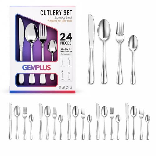 GEM+ | 24-Piece Stainless Steel Cutlery Set – Silver Flatware Set for 6 – Premium Quality, Rust-Resistant, Dishwasher Safe – Knife, Fork, Spoon Set for Home, Kitchen, Dining, Tableware