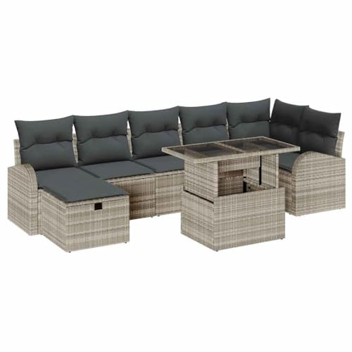vidaXL Garten-Sofa-Set mit Kissen 8 pcs Hellgrau Poly Rattan, Stylisches Garten-Sofa-Set, Moderne Lounge-Möbel, verstellbare Füße, wetterfest, perfekt für Terrasse und Garten