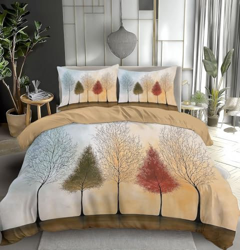 TDNEKMCA Copripiumino Matrimoniale 200x200cm,Alberi Cartone Animato 3D Stampato, Set Letto Matrimoniale in Microfibra con Cerniera, 1 Copripiumini + 2 Federa 50x75 cm (Rosso Verde)