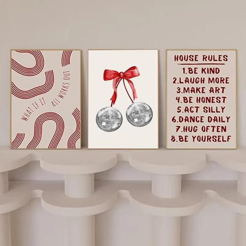 champracer 3er Rot Poster Set, Trendige Rot Schleifen Wandkunst, Dopamin Decor, Leinwandbild Kunstdruck Moderne Wandbilder Wanddeko Design Wand Bild, Ohne Rahmen (40 x 50 cm,B)