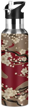Entemne Borraccia termica con fiori di ciliegio giapponesi con cannuccia, 600 ml, per bambini, a prova di perdite, in acciaio inox, per ragazzi e adulti, per sport all'aria aperta