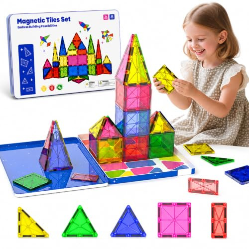 iburge Magnetische Bausteine Klassiker 7.5cm große: 32-teilig mit 5 Formen | Baut stabile 5-8-Ebenen Türme - Fördert kreativität STEM Spielzeug ab 3-6 Jahre, Kompatibel mit großen Marken - Metalldose