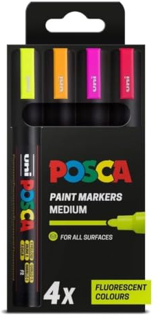 POSCA PC-5M Medium Tip Acrylic Paint Markers, Fluorescent Colours (4-Pack) | 1.8–2.5 mm Medium Tip, for All Surfaces, Non-Toxic, Water-Based, Biodegradable Packaging