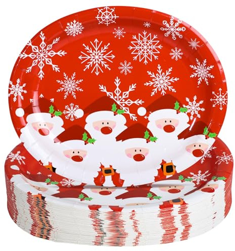 UAREHIBY 50 PCS Christmas Oval Paper Plates,10 x 12.5 Large Disposable Dinner Serving Party Platters Heavy Duty,Christmas Party Supply Xmas Holiday Dinnerware Table Decorations