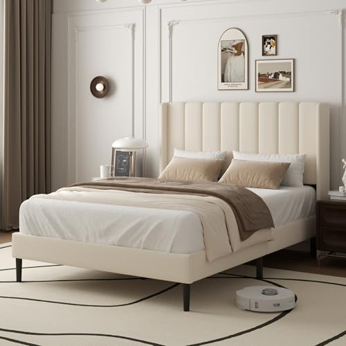 viplov King Size Bed Frame with Headboard, Vertical Channel Tufted Wingback No Box Spring Needed, Mattress Foundation, Easy Assembly, Beige