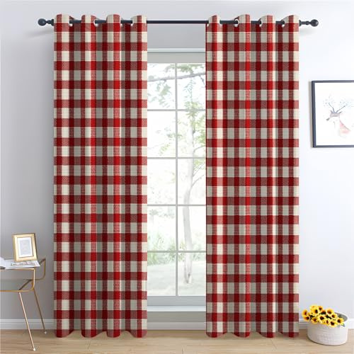 Rideau À Carreaux Rouge - Rideau Occultant Thermiques Carreaux Buffalo Rouge et Blanc, Lot de 2 Rideaux à Oeillets pour Decoration Chambre Salon, Draperies Intérieurs Fenetre, 140x160 cm (LxH)
