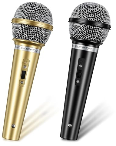 APLZGMG 2 Pcs Fake Microphone Prop, Plastic Toy Microphones | Prop Pretend Microphone for Birthday Music Parties, Costume Play, and Events (Black/Gold, 17cm)