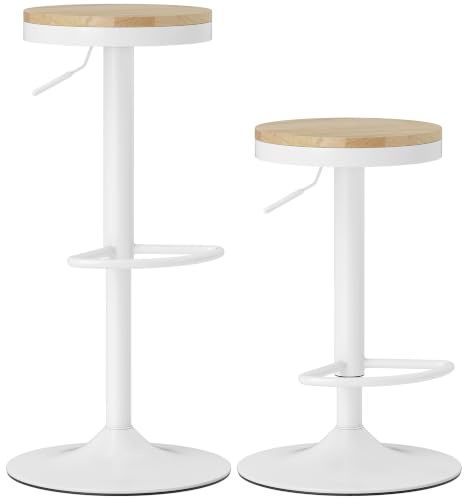 HOMCOM Barhocker 2er Set Höhenverstellbar 360° Drehbar Naturholz+Weiß | Barstuhl mit Stahlgestell, Küchenstühle mit Fußstütze, Tresenhocker, für Küche, Wohnzimmer, Esszimmer