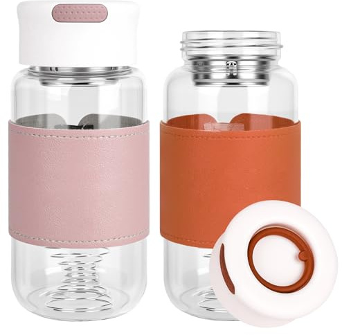 YYTECH 2 Pièces Shaker à Protéines en Verre 16 Oz avec Tamis Intégré et Balle de Mélange en Acier Inoxydable, Anti-Fuite et sans BPA, Design Antidérapant en Silicone