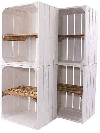 moooble 6er Set Neue weiße/Weisse Obstkiste mit Einlegeboden/Zwischenbrett in geflammt Quer 50cm x 40cm x 30cm Schuhregal Holzkisten Weinkisten Regal Wandregal Kisten flambiert
