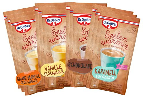 Dr. Oetker Seelenwärmer im praktischen 12er Probier-Set – der Tassenpudding in den bewährten Geschmacksrichtungen Schokolade, Vanille, Sahne-Mandel und Karamell