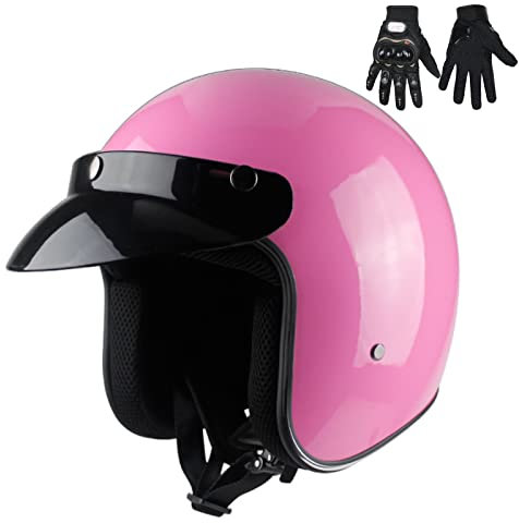 Rétro Demi-Casque Ouvert Casque Jet Street Motor-Moped Cyclomoteur Casque 3/4 Open Face Protection Homologation ECE Adulte Hommes Femmes Vintage Casques Moto Bols,Rose,L