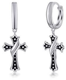 PHNIBIRD Ohrringe Kreuz Creolen Silber 925 mit Schwarz Anhänger Unisex Ohrringe Herren Damen 13mm
