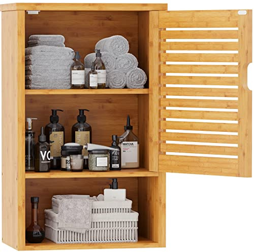 VIAGDO Badezimmer-Wandschrank, Medizinschrank aus Holz mit einzelner Tür und verstellbarer Innenablage, Bambus-Aufbewahrungsschrank, Wandmontage, über dem WC-Hängeschrank, 40 cm L x 20 cm B x 60 cm H