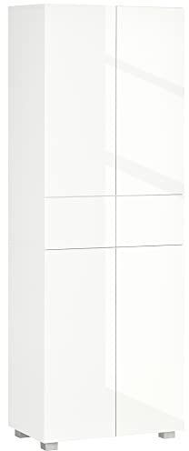 HOMCOM 4-Door Kitchen Cupboard, Freestanding 5-Tier Storage Cabinet with 3 Adjustable Shelves, 2 Drawers for Living Room, Dining Room, Push to Open Design, High Gloss White