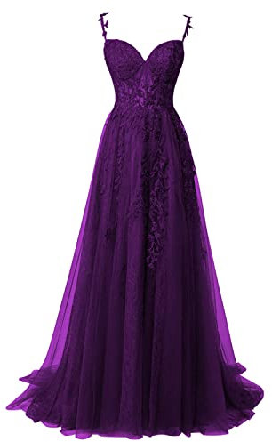 QSICO Femmes Tulle Robes de Soirée Élégantes Dentelle Appliques Robes de Bal Longue Split Robe de Bal Formelle, lilas, 42