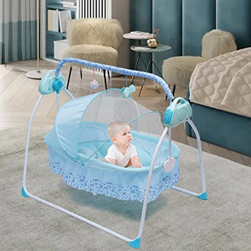 Electric Baby Crib Cradle 0-25Kg Infant Rocker Auto Swing Bed Baby Cradle Baby Swing Chair Automatic Rocking Chair Big Space, Five Gears Adjustable, Intelligent Control(No Battery) (Blue)