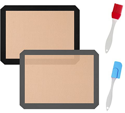 Juego de 2 alfombrillas para horno resistentes a altas temperaturas, con cepillo de aceite y espátula de cocina de medio borde – Alfombrilla de silicona antiadherente