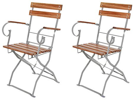 INDA-Exclusiv 2 Stück Biergarten Klappsessel Stuhl Gartenstuhl Klappstuhl Akazienholz Stahl pulverbeschichtet 53,5x47x84cm, Biergartenstühle:mit Armlehne