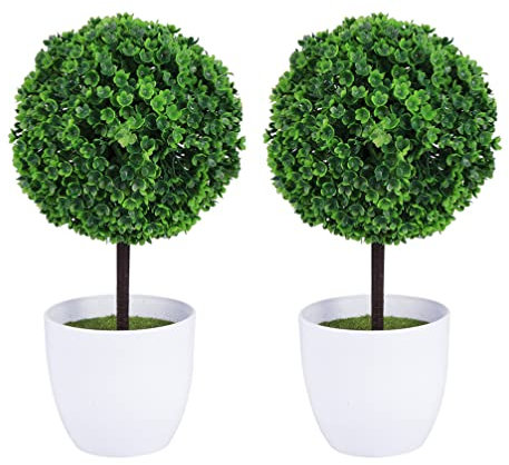 SUPVOX 2 piezas de plantas artificiales en maceta, bola topiaria en forma de bola falsa, boj, árbol topiario de plástico sintético, decoración de vegetación, bonsái de casa pequeña para interiores,