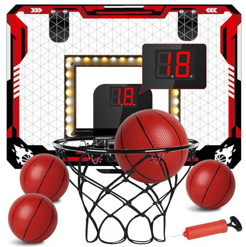 KIZJORYA Basketball Hoop Indoor, Light Up Mini Basketball Hoop for Kid with Electronic Scoreboard & 4 Balls, Foldable Door Sports Fan Backboard Toy Room Game, Gift for Teens Boy Girl Adults Ages 3+