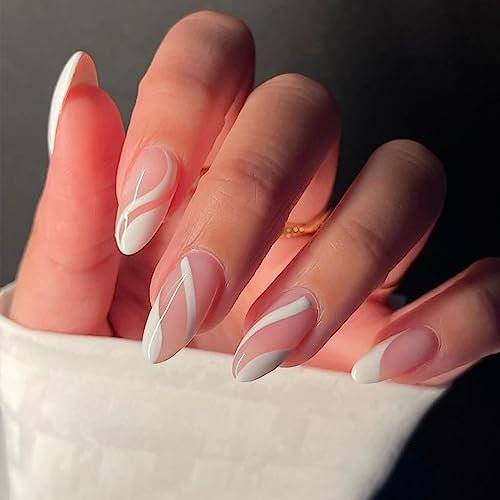 JUSTOTRY 24 Pcs Striped Almond Short False Nails,White French Press on Nails Pattern,Glossy Swirl Fake Nail Short,Oval Medium Stick on Nail for Women and Teens Nails Art