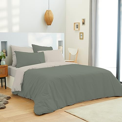 Set completo di 6 pezzi bicolore reversibile copripiumino 260 x 240 cm letto 180 x 200 cm king size 100% cotone / 57 fili/cm² (Eucalyptus/lino, confezione completa 6 pezzi bicolore letto 180 x 200