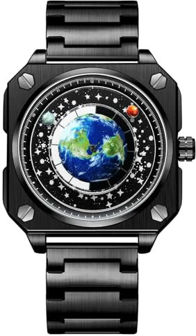 JewelryWe Uhren Herren Edelstahl Quadratisch: 30m Wasserdicht Analog Quarz Armbanduhr Männer Schwarz Edelstahl Armband Uhr mit Mond Venus Erde Sternenhimmel Rundem Zifferblatt und Rechteckigem Gehäuse