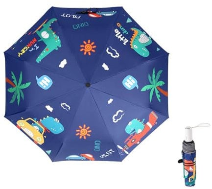 Vaceer Kids Automatic Folding Umbrella Uv Resistant Travel Umbrella One Button Open-close Cartoon Dinosaur Printing Anti-rebound Design Portable Water-Windproof Umbrella for Kids Boys