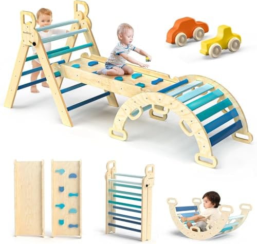 BlueWood Cadre d'escalade pour bébé Aire de jeux intérieure pour enfant | Jouet d'apprentissage Montessori avec arche, rampe et triangle d'escalade | Aire de jeux intérieure et extérieure pour