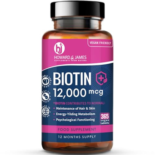 Biotin Hair Growth Supplement 12000mcg - 365 Vegan Biotin Tablets (1 Year Supply) - Hair Skin & Nails Vitamins for Women & Men High Absorption D-Biotin 12,000 mcg Vitamin B7 - by Howard & James