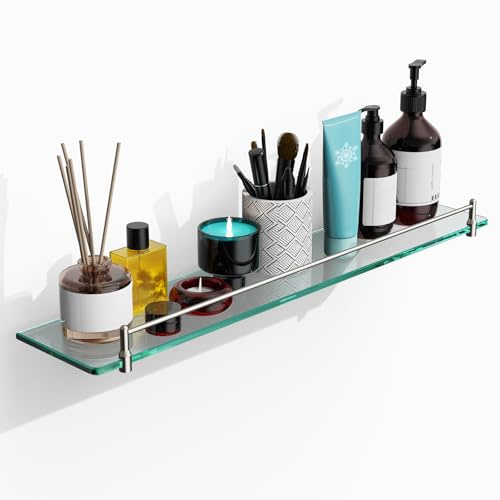 KOCOK Glasregale für Badezimmer, 61 cm, gebürstetes Nickel, schwimmende Glasregale, rechteckig, Edelstahl, gehärtetes Glas, Badezimmer-Regale für Wandmontage, modernes Zubehör