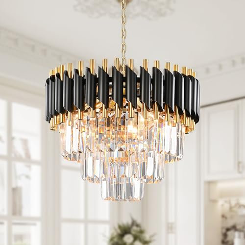Modern Crystal Chandeliers,Crystal Pendant Light Fixture, 3-Tier Gold Black Chandelier Ceiling Light for Dining Room Living Room E14*5 Bulb (Excluding Bulbs