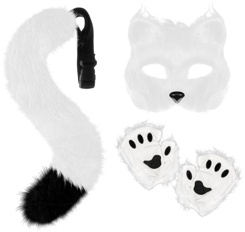 XEPST Fuchs Kostüm Cosplay Mit Furry Schwanz, Maske und Handschuhe - Kunstpelz Fuchs Maske Wolf Katze Flauschiger Schwanz für Halloween Karneval Party Accessoire, Weiß