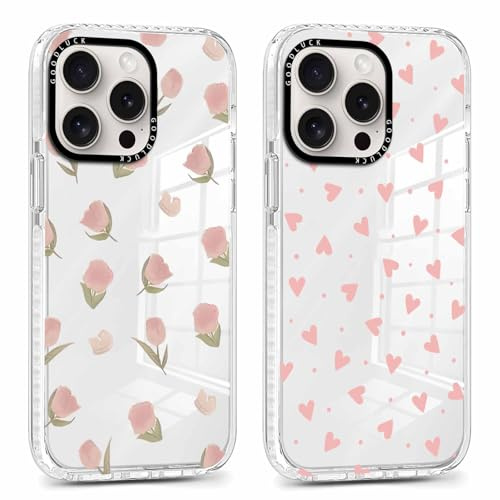 Xylota 2 Pezzi Cover per iPhone 16 Pro Max 6,9,Trasparente Aesthetic Disegni Fiori Cuori Ragazze Donne Custodia, Morbida Silicone Sottile TPU Bumper Antiurto Protettiva Case per iPhone 16 Pro Max, 17