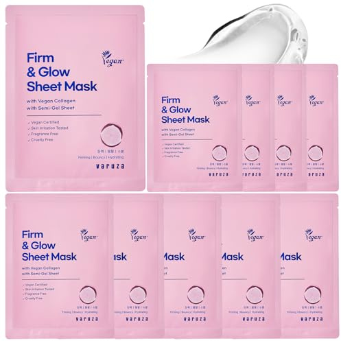 varuza Firm & Glow Sheet Mask with Vegan Collagen Semi-Gel Sheet Biodegradable 100% Cellulose Semi-Gel Sheet for Anti-Aging Hydration Elasticity Peptide Complex-9 Niacinamide 10 Count