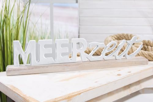 MF Meerzeit Schriftzug aus Aluminium und Mangoholz, 43 cm Länge, Weiß