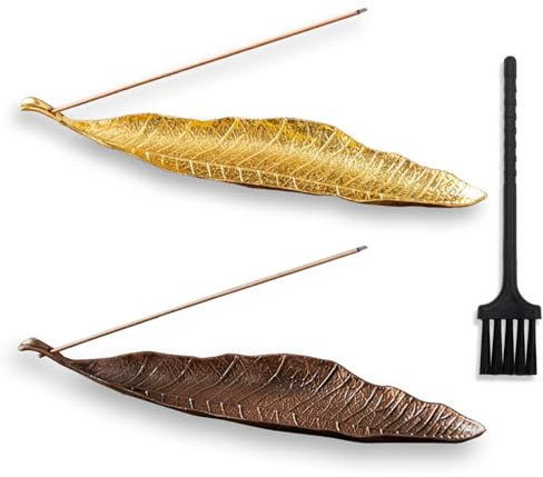 LLMtn Juego de 3 piezas compuesto por 2 quemadores de incienso de metal con forma de hoja y 1 cepillo para cenizas (cobre x 1 oro x1)