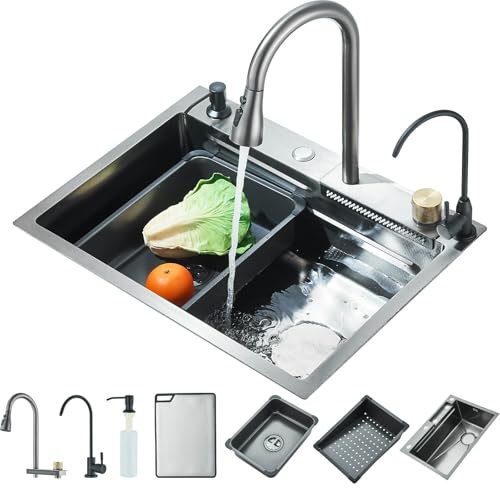 TVTIUO Lavello da cucina multifunzione in acciaio inossidabile, con beccuccio a cascata con dispenser di sapone, tagliere, cestello scolapiatti (60 x 45 cm, grigio)